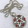 Wicca Jewelry Celtic Pentagram Pentacle Star Red Blood Crystal Gem Wiccan Pagan Witch Magic Healing Protection Amulet Pewter Mens Womens Pendant Necklace Charm for Men Women Silver Ball Chain
