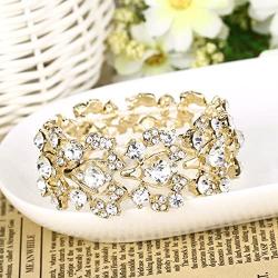 EVER FAITH Bridal Floral Leaf Elastic Bracelet Clear Austrian Crystal
