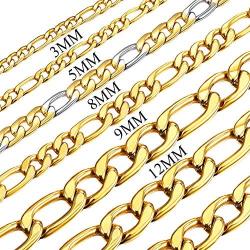 U7 Stainless Steel Figaro Chain|Width 3mm-12mm|Length 16 Inch to 32 Inch|Italian Style Flat Link Necklace for Men and Women, Gift Box Packed