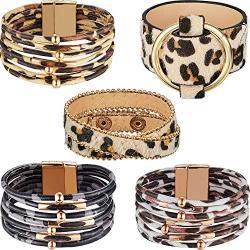 Hicarer 5 Pieces Leopard Tube Bracelet Multilayer Leather Cuff Bracelet Boho Leopard Wrap Bracelet