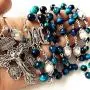 elegantmedical HANDMADE Peacock Blue Tiger Eye Prayer Beads & (AAA)10mm real Pearl sterling silver beads caps Catholic Rosary Necklace Gift Box Italy Parden Crucifix