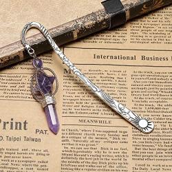 MANIFO Vintage Silver Bookmark with Healing Crystal Gemstone Pendant Charm (Amethyst)