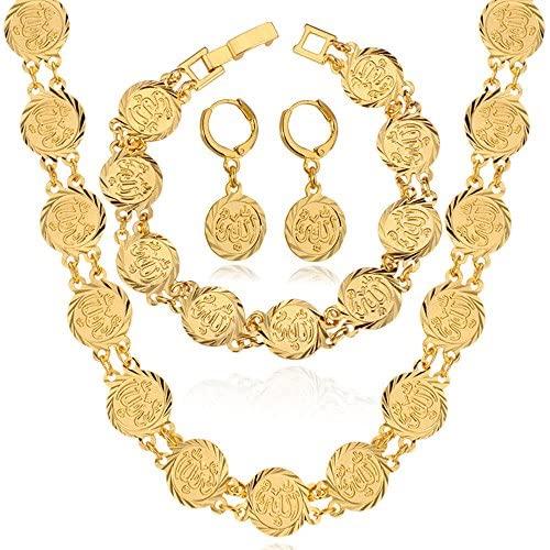 U7 Muslim Jewelry Set for Women|Platinum or 18K Gold Plated Allah Necklace Chain Link Bracelet Earrings Sets, Coin/Heart/Square Style.