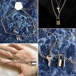 17IF Multilayer Necklace Punk Silver Long Chain Necklace, Lock Pendant Choker Titanium Steel Stainless Necklace for Women Man