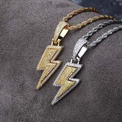 Moca Jewelry Iced Out Lightning BoltPendant Necklace 18K Gold Plated Bling CZ Zircon Simulated Diamond Hip Hop Rapper Chain Necklace for Men Women