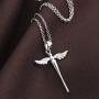 925 Sterling Silver Cross with Angel Wing Charm Pendant Rolo Chain Necklace, 18''