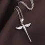 925 Sterling Silver Cross with Angel Wing Charm Pendant Rolo Chain Necklace, 18''