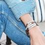 Lizzy James Mini Addison Braided Leather Wrap Bracelet with Silverplate Crescents in Natural Antique Brown Leather