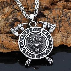 GuoShuang Men Viking Stainless Steel Wolf Axe Rune Helm of Awe Wolf Necklace