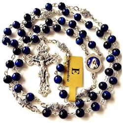 elegantmedical HANDMADE Blue Tiger Eye Beads & Silver Rose Beads ROSARY CROSS Crucifix Necklace box