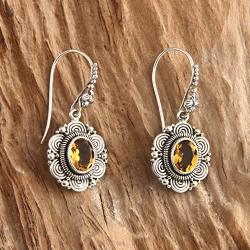 NOVICA Citrine .925 Sterling Silver Dangle Hook Earrings Balinese Sunflower