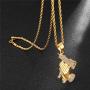 Lee Island Fashion 18K Gold Plated CZ Prayer Hand With Gun Pendant Stainless Steel Necklace, 24 Inch Chain Hip Hop Jewelry