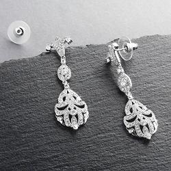 Mariell 1920s CZ Dangle Vintage Wedding Earrings for Brides - Genuine Platinum Plated Antique Jewelry