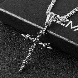 HZMAN Mens Vintage Silver Nail Cross Punk Gothic Stainless Steel Barbed Wire Pendant Necklacee 22+2 Inch