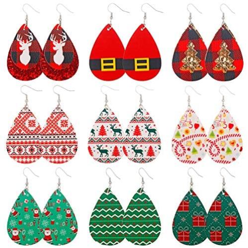 MTSCE Christmas Leather Earring For Women Girls,Xmas Teardrop Dangle Earrings Holiday Daily Fashion Party Jewelry Set
