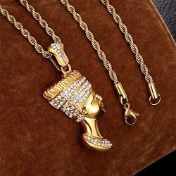 ROWIN&CO Egyptian Queen Nefertiti Necklace Bling Iced Out Gold Plated Vintage Jewelry Cubic Zirconia Hip Hop Pendant Personalized Gifts for Men Women/Best Love Wife/Girlsfriend Birthday