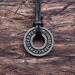 HAQUIL Viking Runes Necklace - Metal Alloy, Norse Runic Coin Talisman Pendant - PU Leather Cord, 19.7''