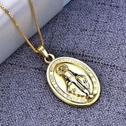 YL Virgin Mary Necklace Solid 925 Sterling Sliver Engraved Pendant Oval Medal Medallion Antiqued Jewelry