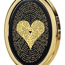 Love Necklace 24k Gold Inscribed with I Love You in 120 Languages Including Braille and Sign Language in Miniature Text onto an Oval Black Onyx Gemstone Pendant, 18'' Rolo Chain