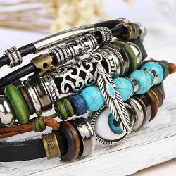Boho National Stone Feather Multilayer Leather Bracelet Evil Eye Charms Turquoises Beads Bracelets for Men Vintage Punk Wrap Wristband Owl Bird Bracelet