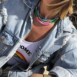 Boderier 7 Strands Rainbow Heishi Necklace Colorful African Vinyl Disc Bead Necklace Choker Statement Layered Summer Vacation Beach Surfer Necklace Boho Jewelry