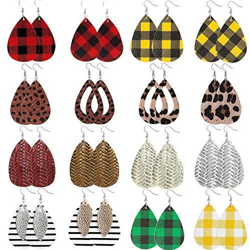 Teardrop Leather Earrings for Women Leopard Print Leather Earrings Lightweight Faux Leather Leaf Earrings 16 Pairs