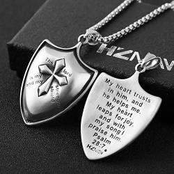 HZMAN Shield Armor of God Psalm 28:7 Faith Cross Stainless Steel Pendant Necklace for Men