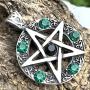 Wicca Jewelry Celtic Pentagram Pentacle Star Black-Green Crystal Gem Wiccan Pagan Witch Magic Healing Protection Amulet Pewter Mens Womens Pendant Necklace Charm for Men Women Silver Ball Chain