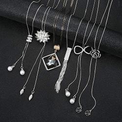 Thunaraz 6Pcs Women Long Rhinestone Sweater Necklace Pearl Crystal Flower Tassel Pendant Long Chain Silver Necklace Jewelry Women Gifts