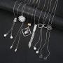 Thunaraz 6Pcs Women Long Rhinestone Sweater Necklace Pearl Crystal Flower Tassel Pendant Long Chain Silver Necklace Jewelry Women Gifts
