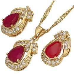RIZILIA Pear Cut Red Ruby Yellow Gold Plated Jewelry Set, Pendant with 18'' Chain Stud Earrings