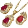 RIZILIA Pear Cut Red Ruby Yellow Gold Plated Jewelry Set, Pendant with 18'' Chain Stud Earrings