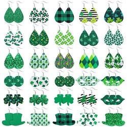 30 Pairs St Patricks Day Faux Leather Earrings Set Irish Green Shamrock Hat Teardrop Dangle Earrings Ear Jewelry Accessories for Women Girls