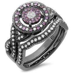 Dazzlingrock Collection Black Rhodium Plated White Diamond and Pink Sapphire Ring Set, Sterling Silver