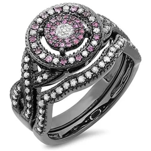 Dazzlingrock Collection Black Rhodium Plated White Diamond and Pink Sapphire Ring Set, Sterling Silver