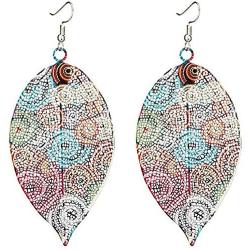 Women Drop Dangle Earrings, 925 Sterling Silver Hollow Leaf Print Vintage Ethnic Ear Pendant Metallic Color Earrings