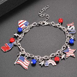 LUX ACCESSORIES Silver America Americana 4th of July American Pride Flag Map Red Blue Stars USA Chain Bracelet