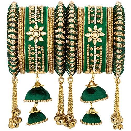 Aheli Wedding Party Designer Velvet Faux Stone Studded Bridal Bangle Set Chuda with Hangings Indian Traditional Ethnic Fashion Jewelry for Women
