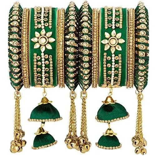 Aheli Wedding Party Designer Velvet Faux Stone Studded Bridal Bangle Set Chuda with Hangings Indian Traditional Ethnic Fashion Jewelry for Women