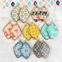 Bohemian Printed Natural Wood Geometric Statement Earrings - Filigree Leaf, Teardrop, Moroccan Dangle