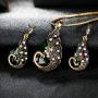 Ezing Women Gift Vintage Gold Plated Green Peacock Jewelry Set Pendant Necklace Earrings