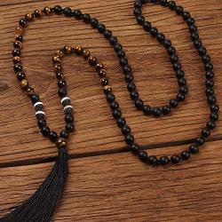 GVUSMIL 108 Mala Beads Necklace Natural Healing Energy Gemstone Charm Jewelry for Buddhist Prayer Rosary Meditation Hand Knitted Beaded Tassel Necklace