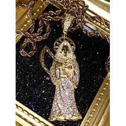 Shop-iGold Men Women 925 Italy Gold Finish Iced Santa Muerte Charm Ice Out Pendant Stainless Steel Real 2 mm Rope Chain Necklace, Mens Jewelry, Iced Pendant, Rope Necklace