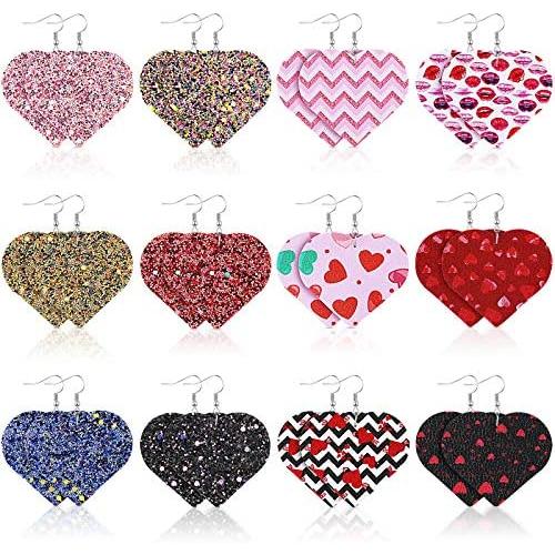 12 Pairs Valentines Day Heart PU Leather Dangle Earrings Bling Sequin Printed Petal Heart Drop Earrings for Valentines Day Women Girls Jewelry Set