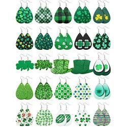 25 Pairs St Patricks Day Faux Leather Hook Earrings Set Green Hat Teardrop Clover Dangle Earrings for Women Girls