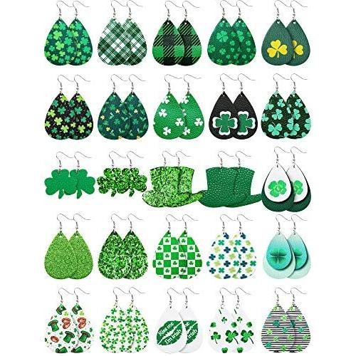 25 Pairs St Patricks Day Faux Leather Hook Earrings Set Green Hat Teardrop Clover Dangle Earrings for Women Girls