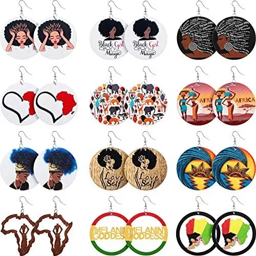 12 Pairs African Map Women Earrings Round Natural Wooden Painted Earrings Ethnic Style Dangle Earring (African Themed Patterns) 12 Pairs African Map Women Earrings Round Natural Wooden Painted Earrings Ethnic Style Dangle Earring (African Themed Patterns)