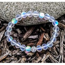 Hope Inspired Mystic Mermaid Glass Friendship Bracelet with 8 mm Frosted White Glowing Moonstone Beads