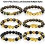 6 Pieces Chinese Feng Shui Bracelet 12 mm Feng Shui Black Obsidian Wealth Bracelet Adjustable Elastic Wealth Bracelet with Pi Xiu Pi Yao for Attracting Good Luck and Wealth