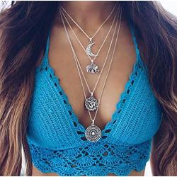 Kercisbeauty Halloween Boho Multi layer Silver Long Necklace for Women and Teen Girls with Moon Elephant Rune Pendant Choker Party Jewelry